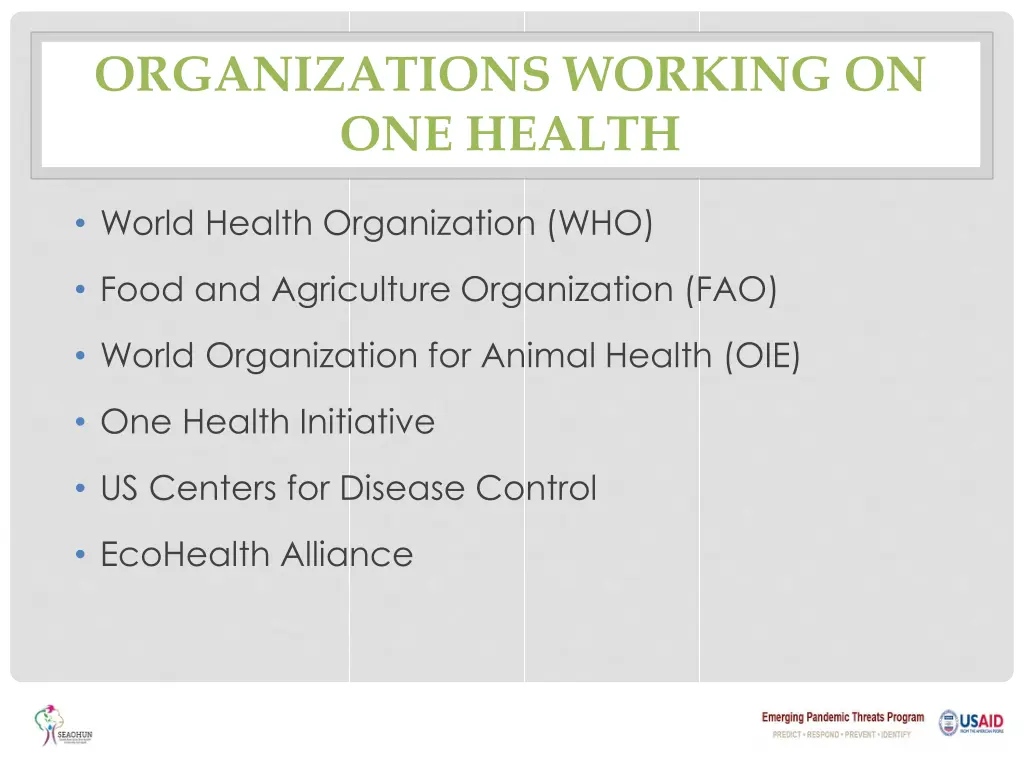 organizations working on one health