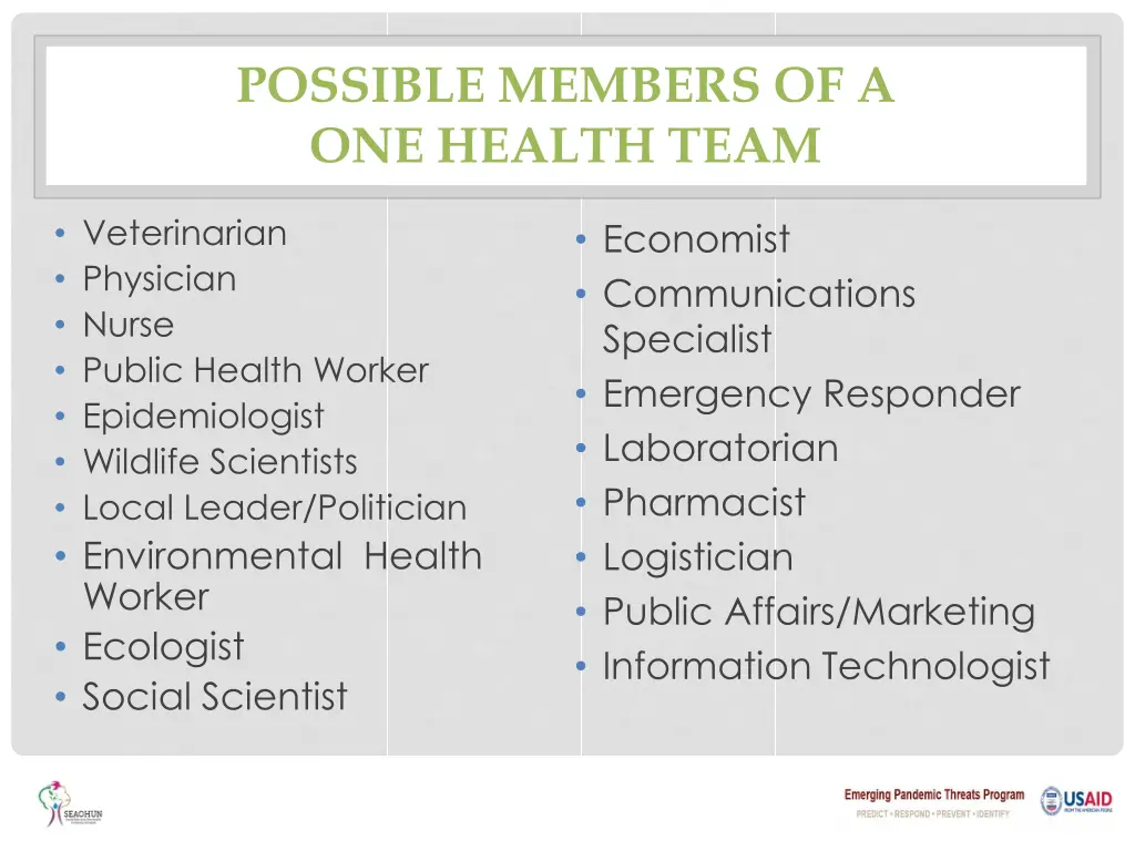 possible members of a one health team
