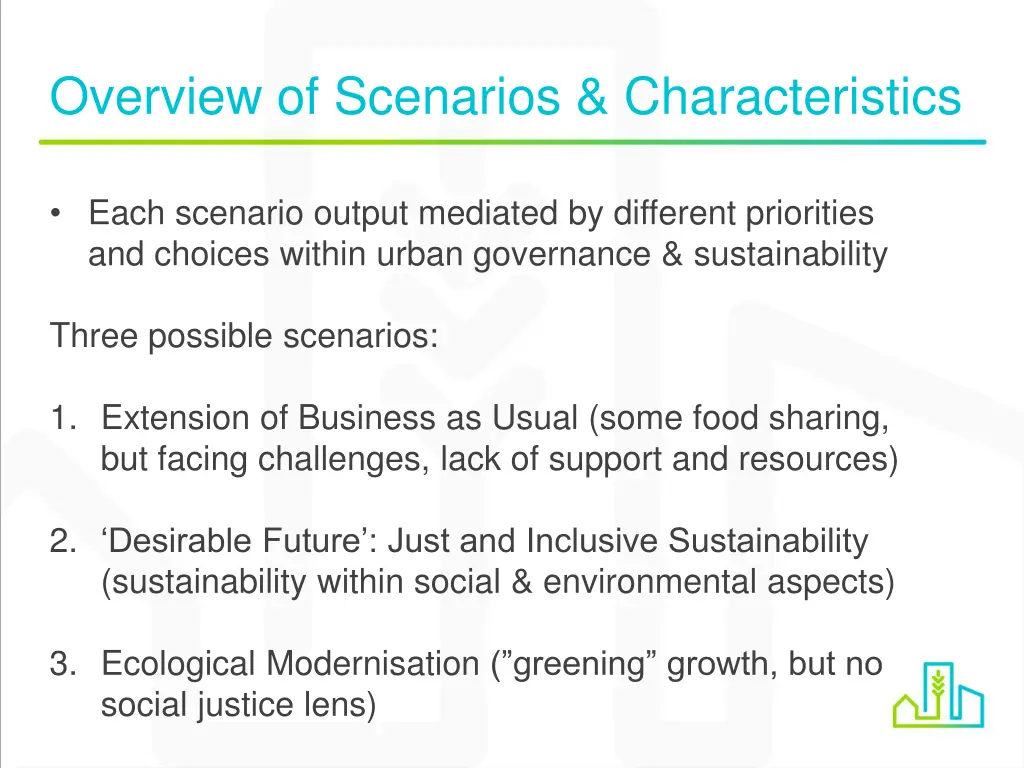 overview of scenarios characteristics