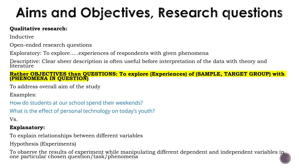 aims and objectives research questions