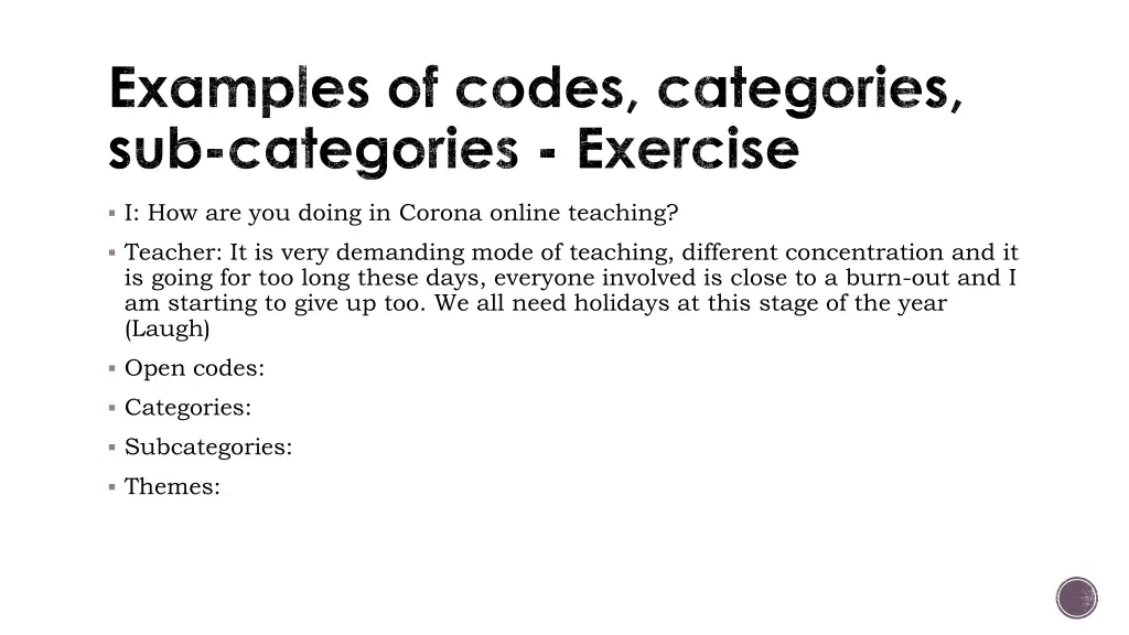 examples of codes categories sub categories
