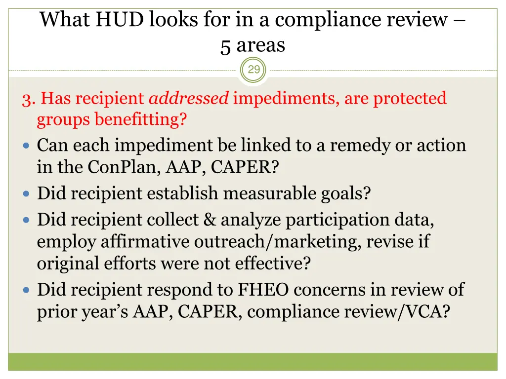 what hud looks for in a compliance review 5 areas 2