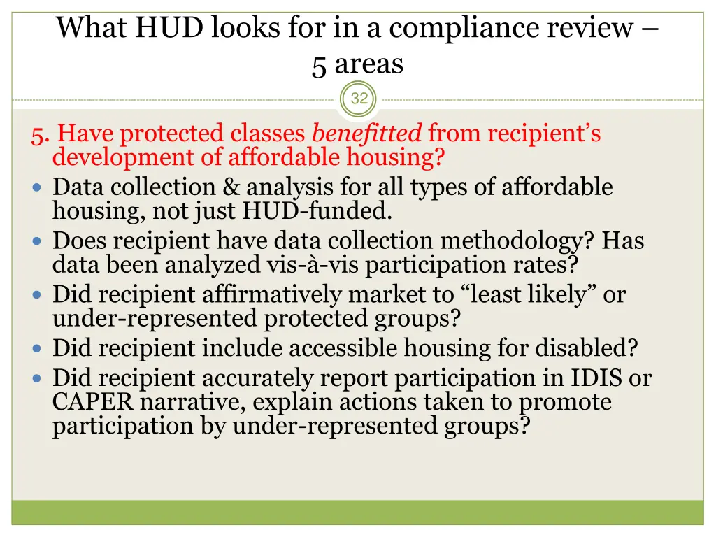 what hud looks for in a compliance review 5 areas 5
