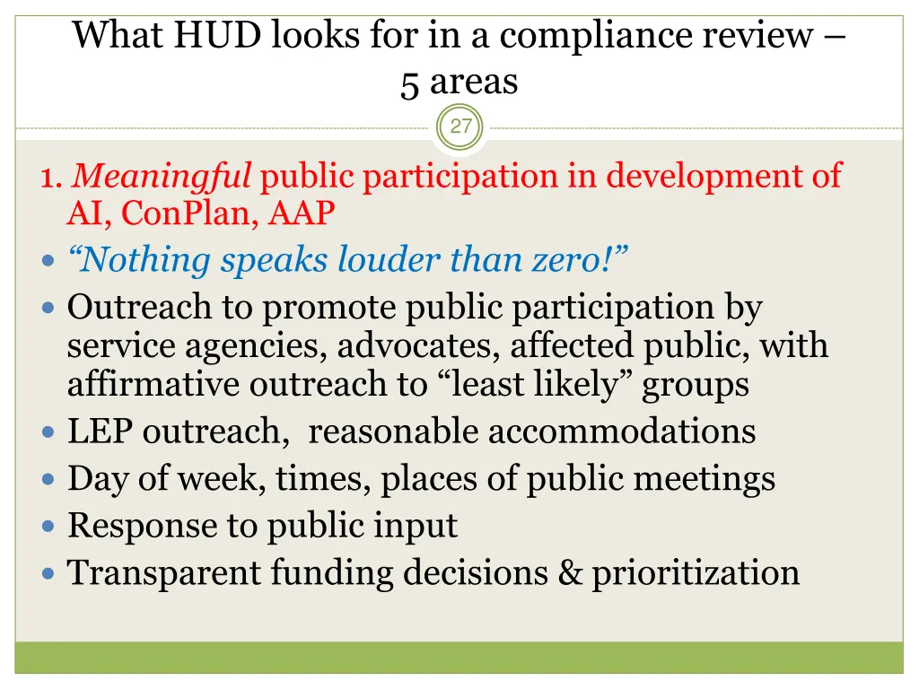 what hud looks for in a compliance review 5 areas