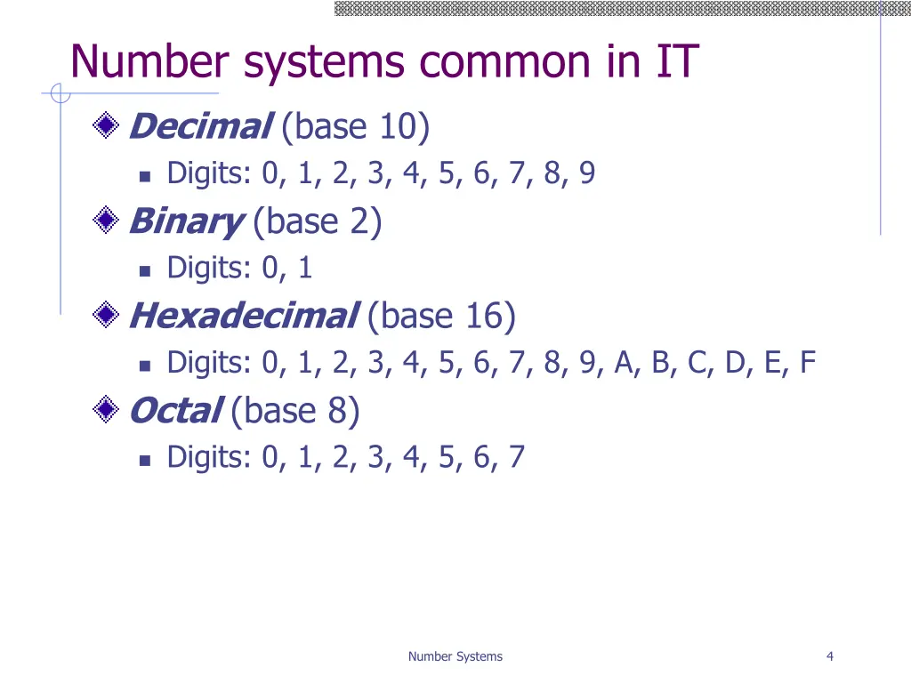 number systems common in it decimal base