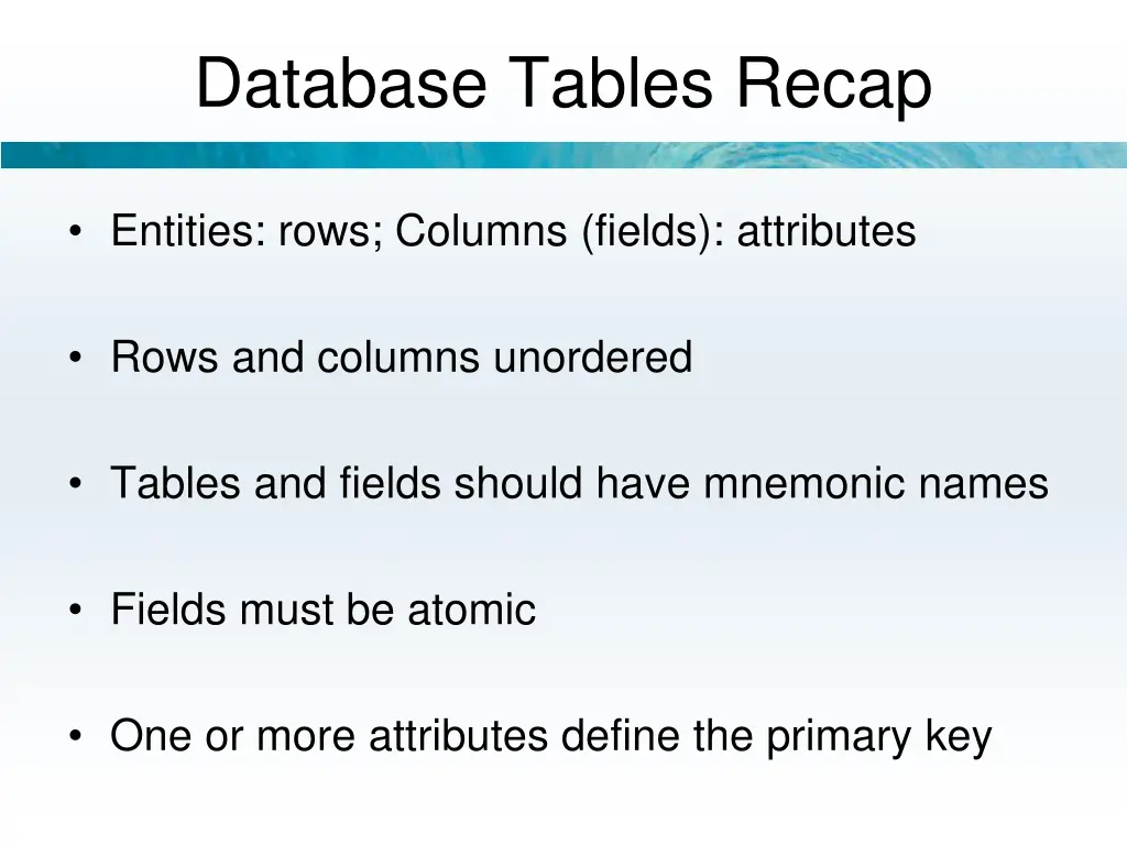 database tables recap