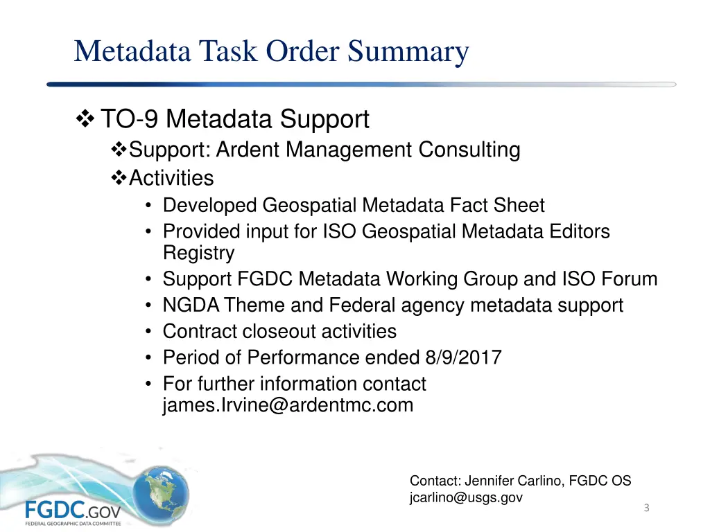 metadata task order summary