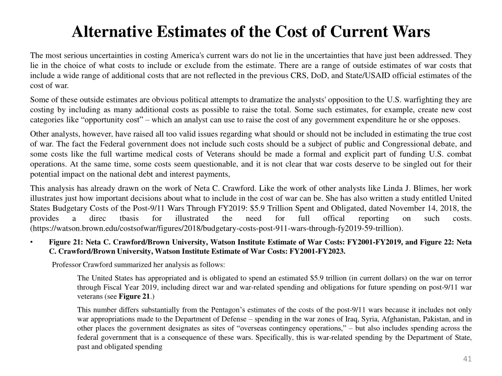 alternative estimates of the cost of current wars