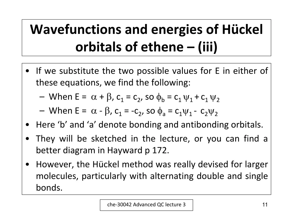 wavefunctions and energies of h ckel orbitals 2