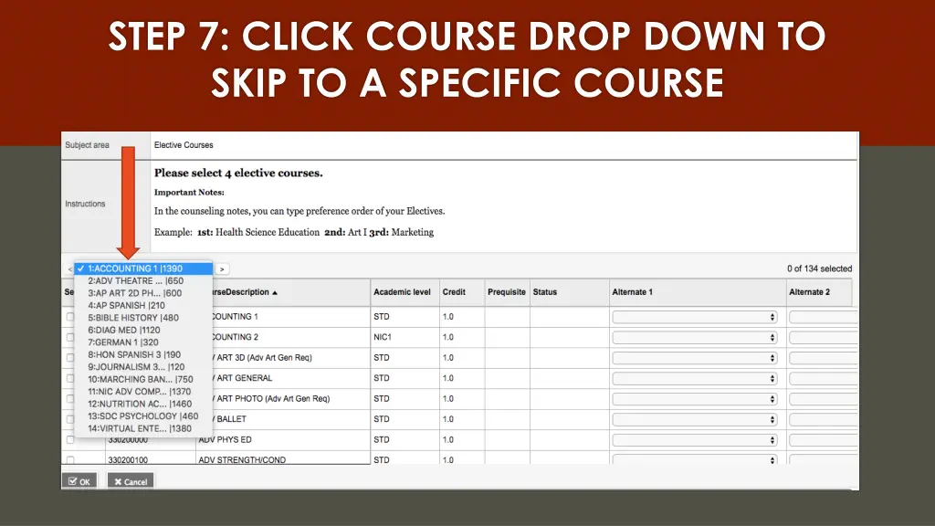 step 7 click course drop down to skip