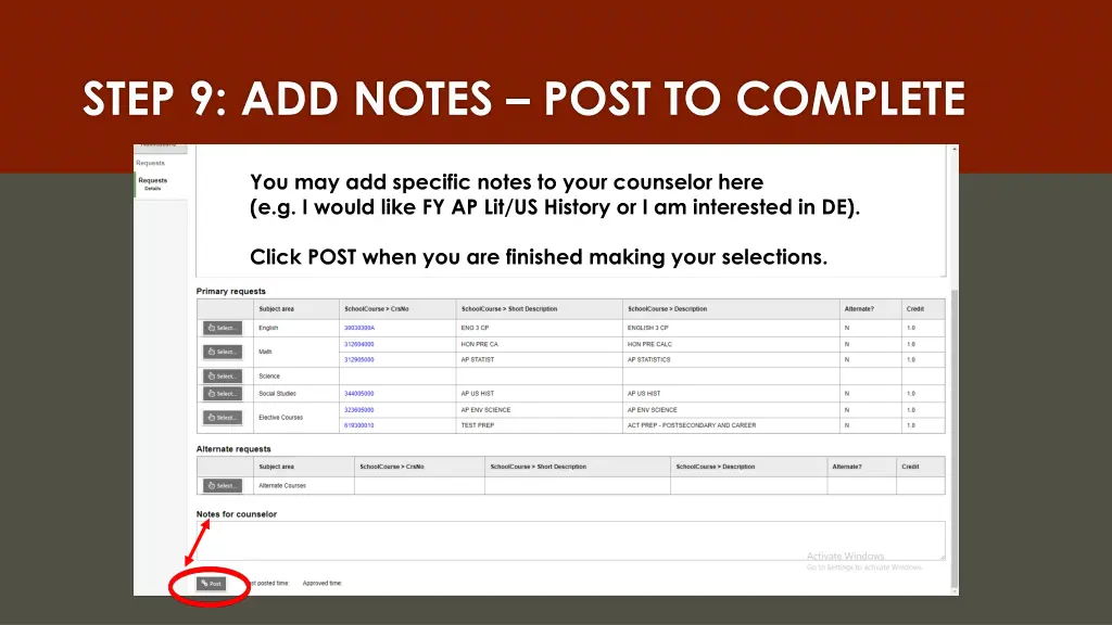 step 9 add notes post to complete
