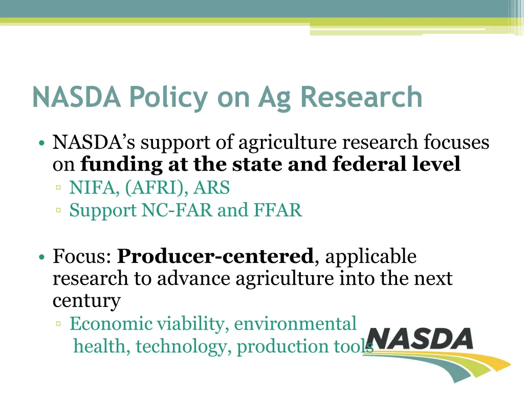 nasda policy on ag research