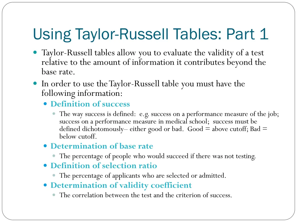 using taylor russell tables part 1