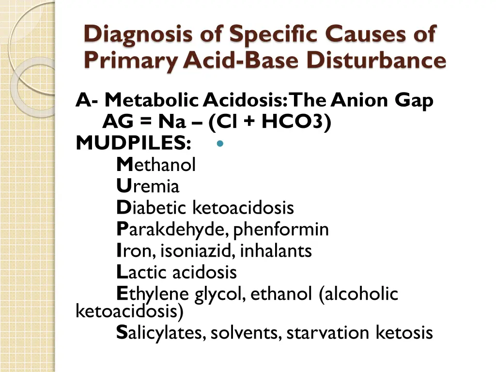 diagnosis of specific causes of primary acid base
