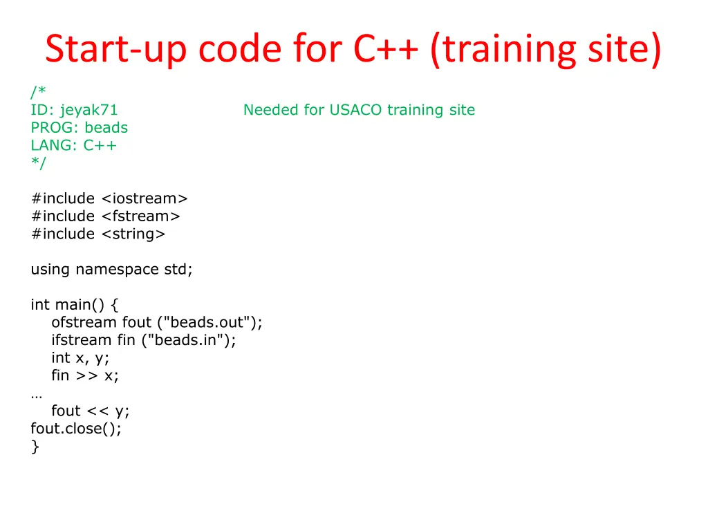 start up code for c training site