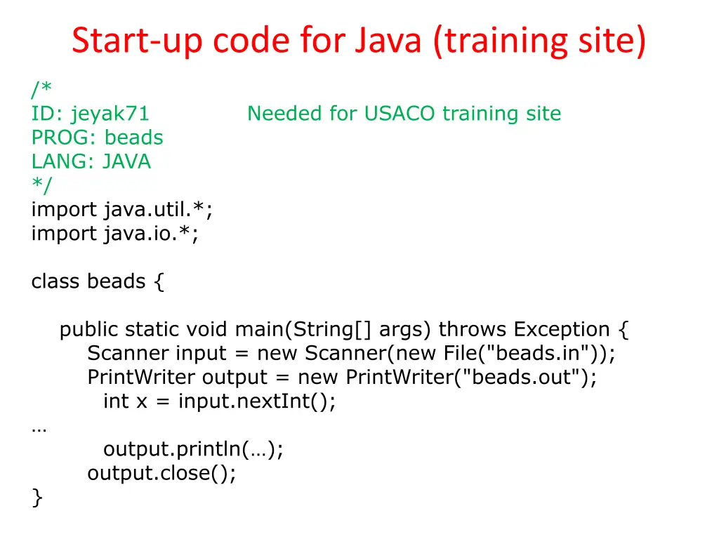 start up code for java training site
