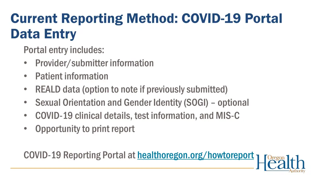 current reporting method covid 19 portal data