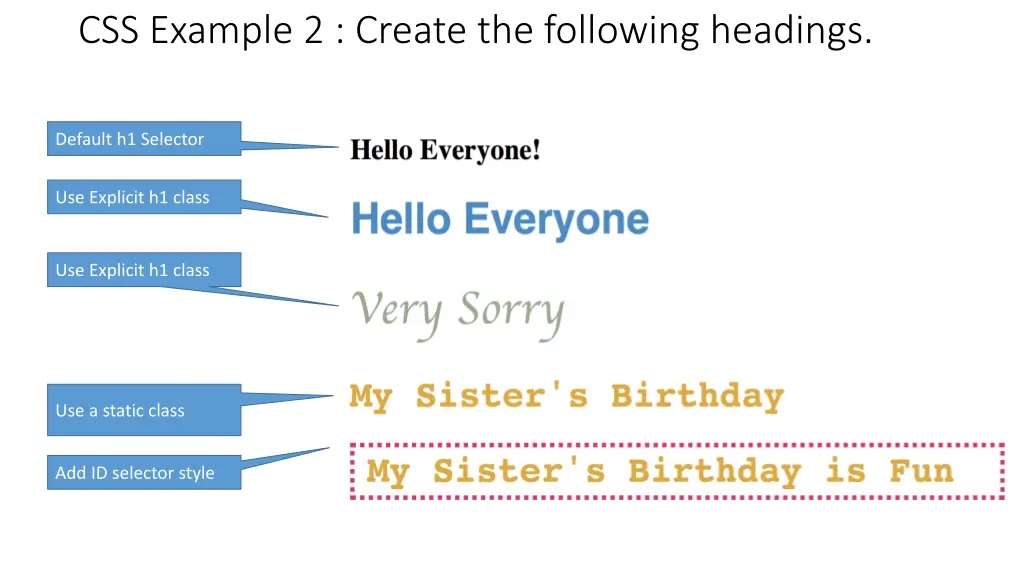 css example 2 create the following headings