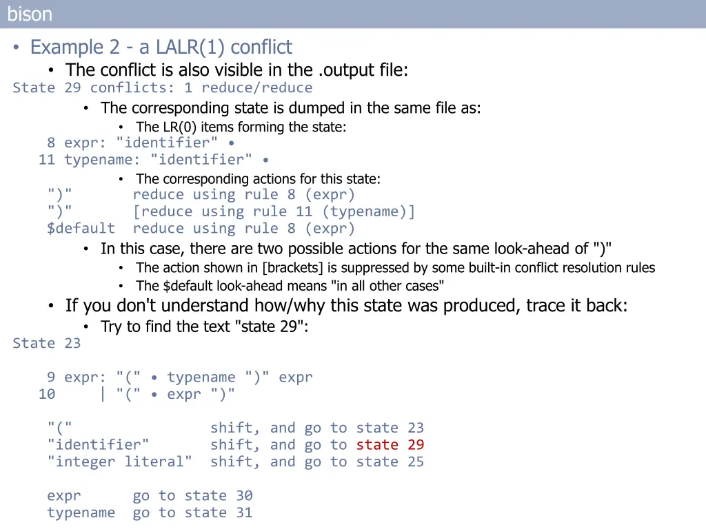 bison example 2 a lalr 1 conflict the conflict