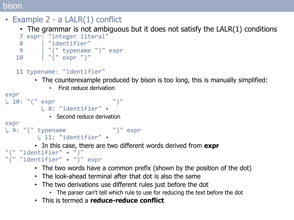 bison example 2 a lalr 1 conflict the grammar