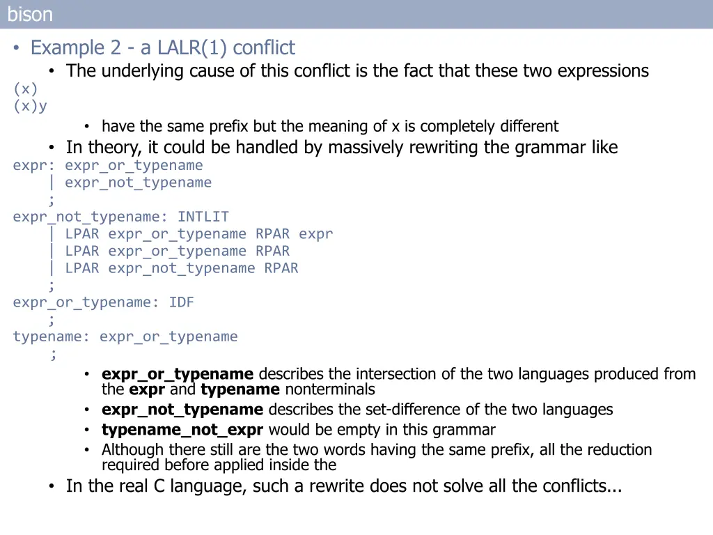 bison example 2 a lalr 1 conflict the underlying