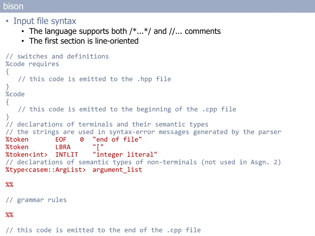 bison input file syntax the language supports
