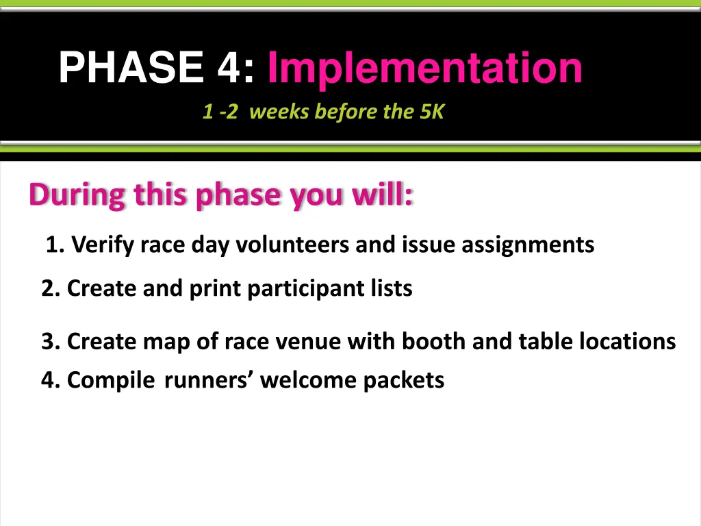 phase 4 implementation 1 2 weeks before the 5k