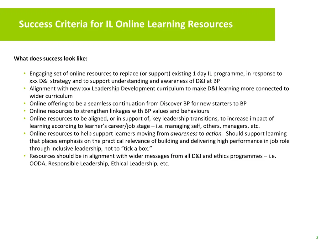 success criteria for il online learning resources