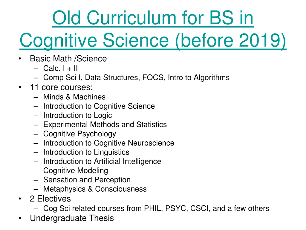 old curriculum for bs in cognitive science before