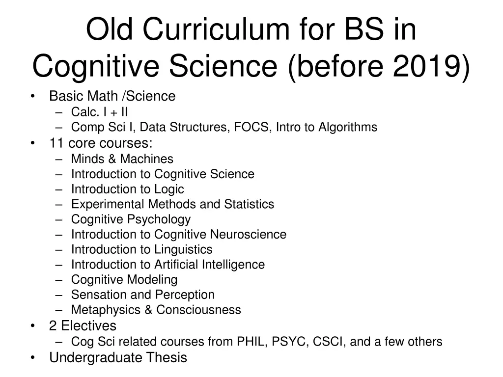 old curriculum for bs in cognitive science before