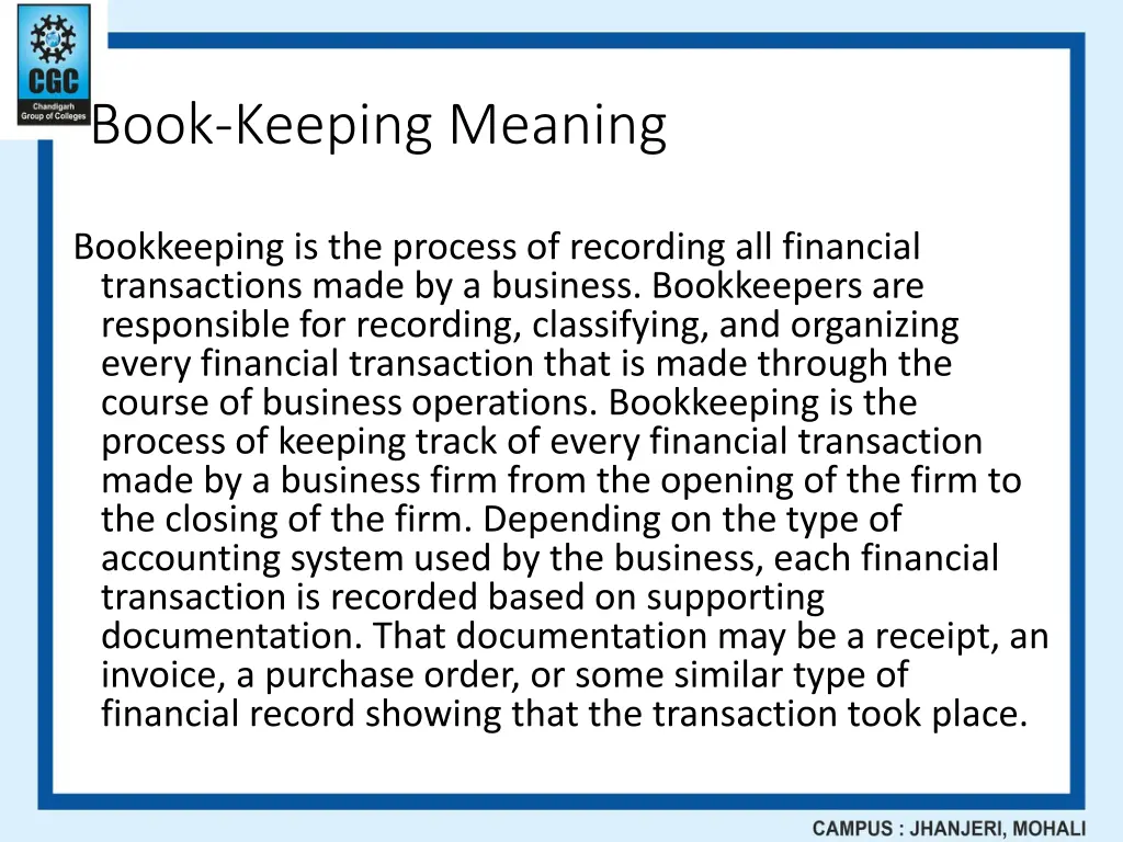 book keeping meaning
