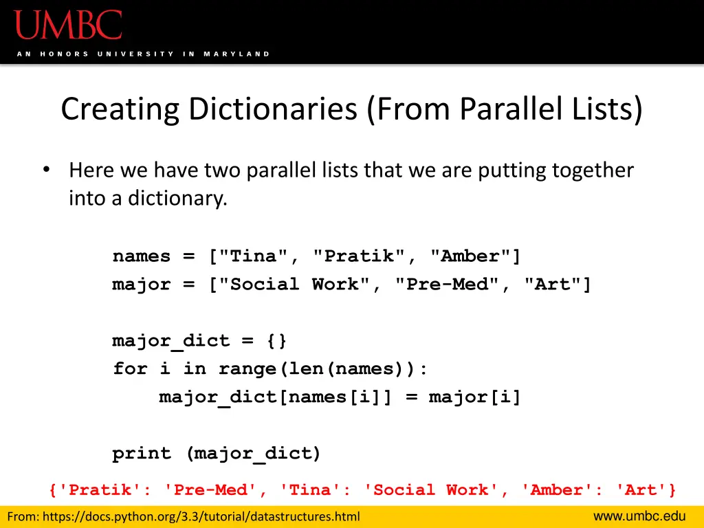 creating dictionaries from parallel lists