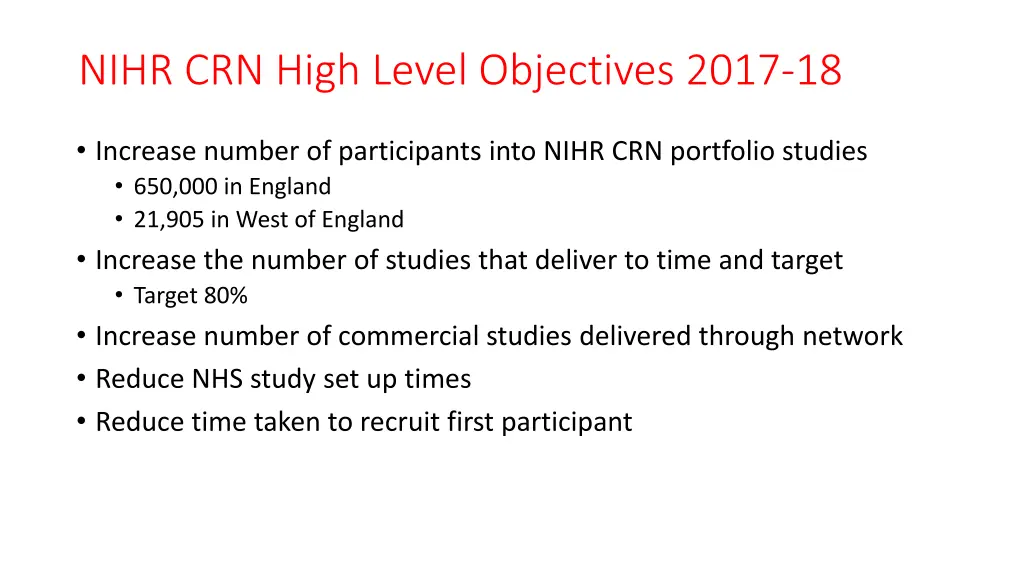 nihr crn high level objectives 2017 18