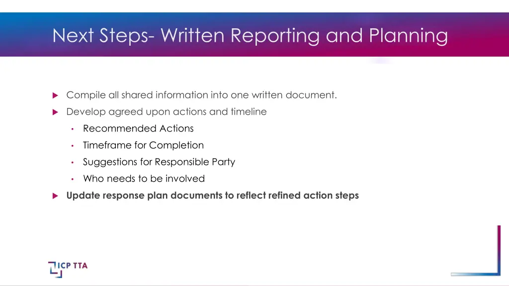 next steps written reporting and planning