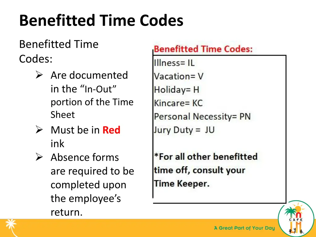 benefitted time codes