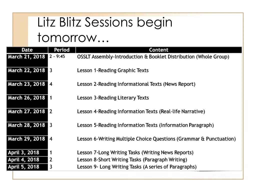 litz blitz sessions begin tomorrow