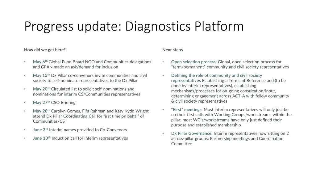 progress update diagnostics platform