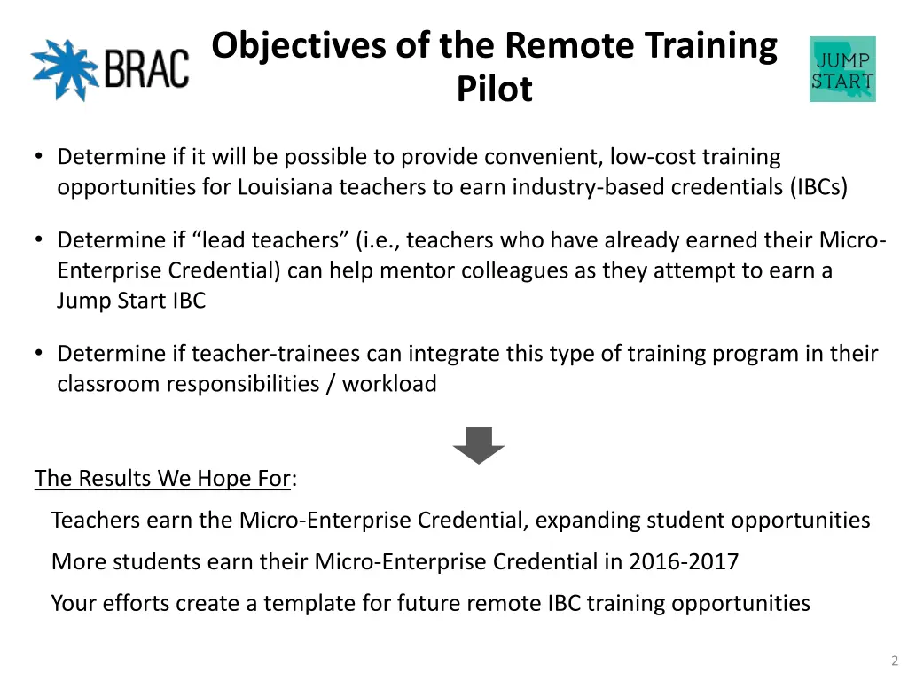 objectives of the remote training pilot