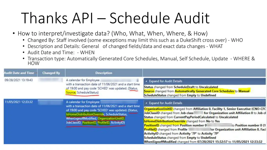 thanks api schedule audit how to interpret