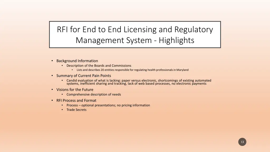rfi for end to end licensing and regulatory