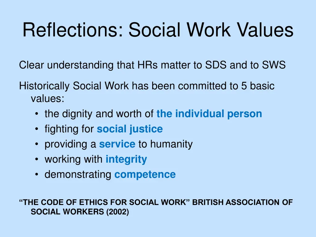reflections social work values