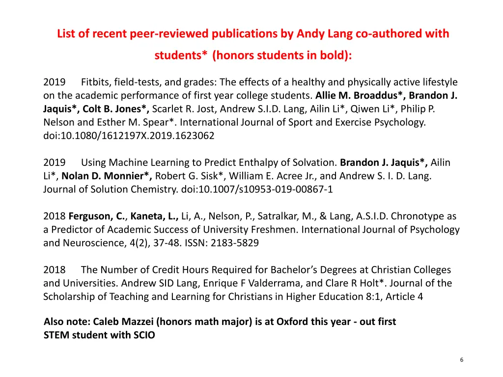 list of recent peer reviewed publications by andy