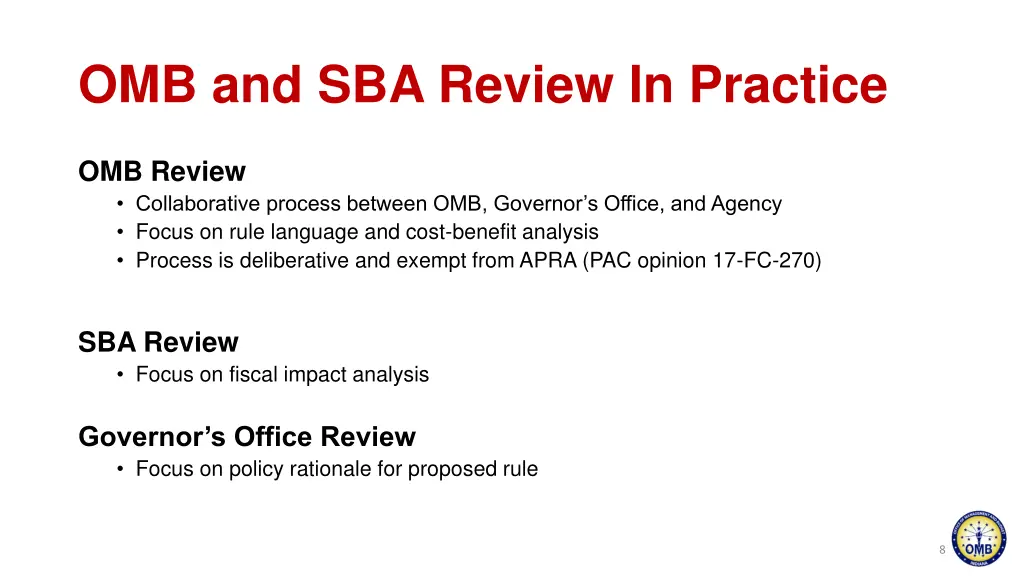 omb and sba review in practice