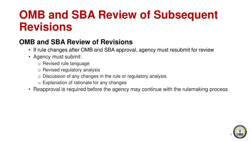 omb and sba review of subsequent revisions