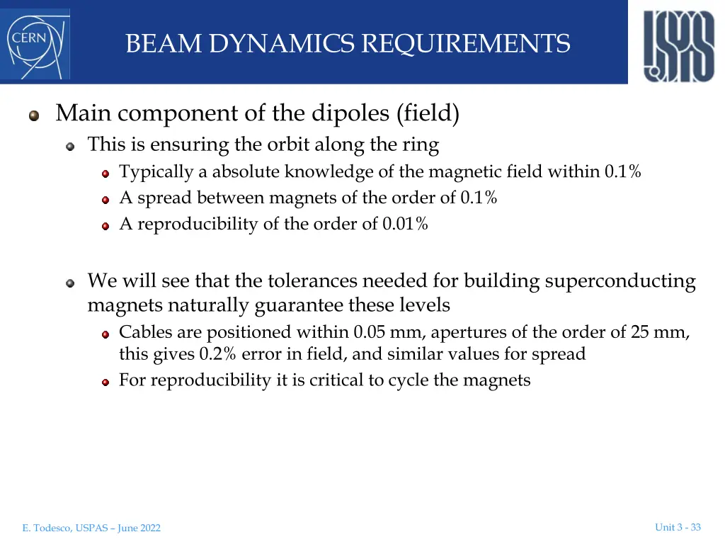 beam dynamics requirements