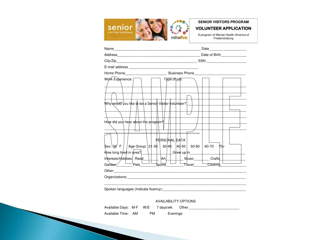 senior visitors program volunteer application