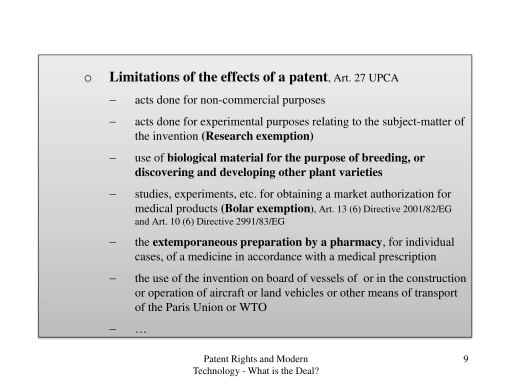 limitations of the effects of a patent art 27 upca