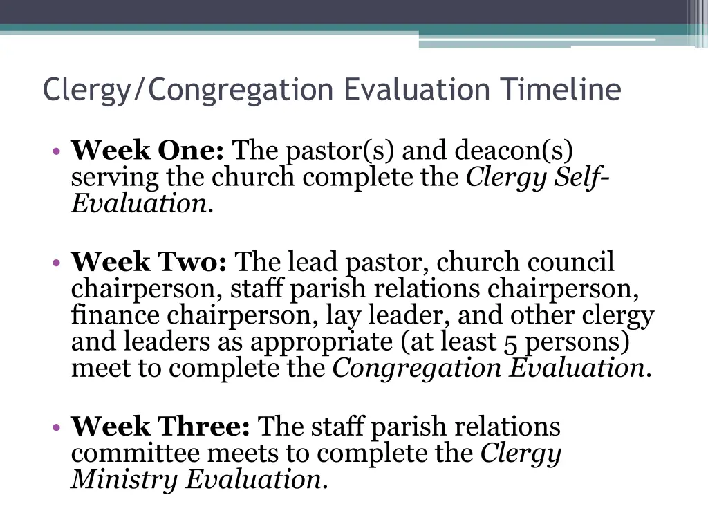 clergy congregation evaluation timeline