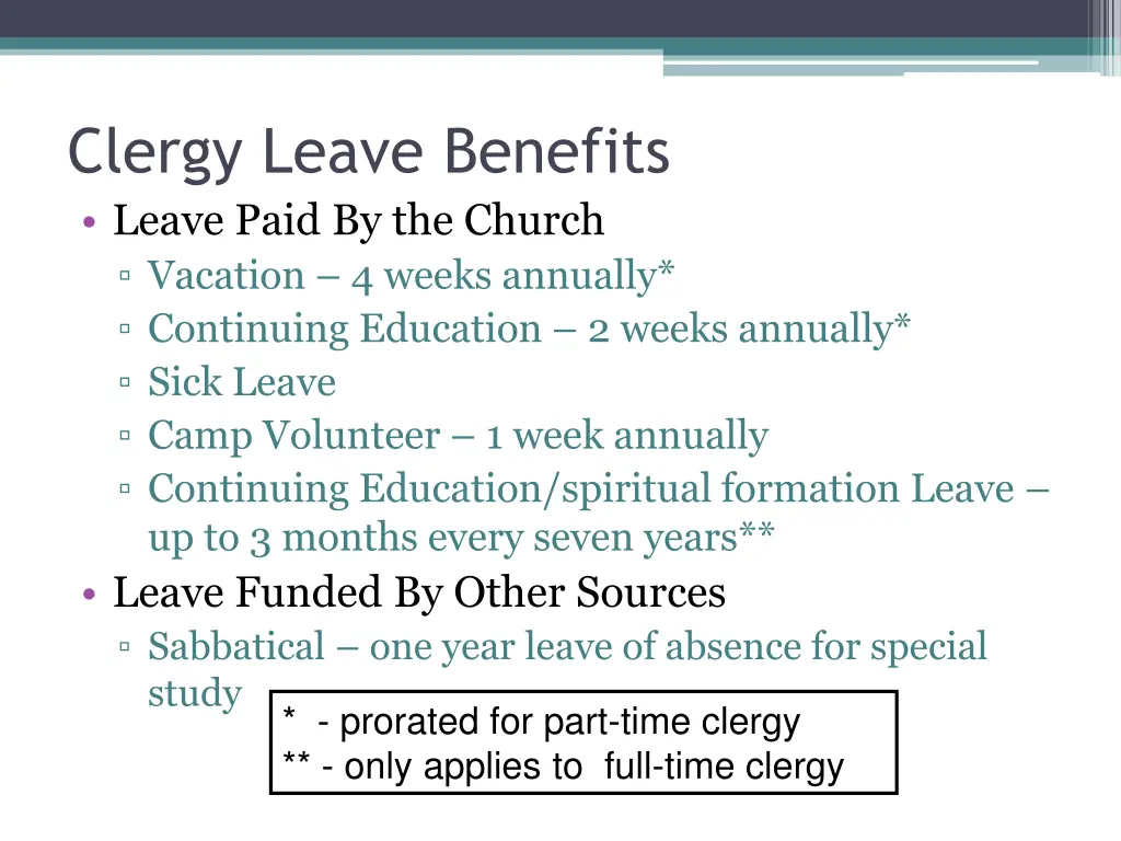 clergy leave benefits leave paid by the church