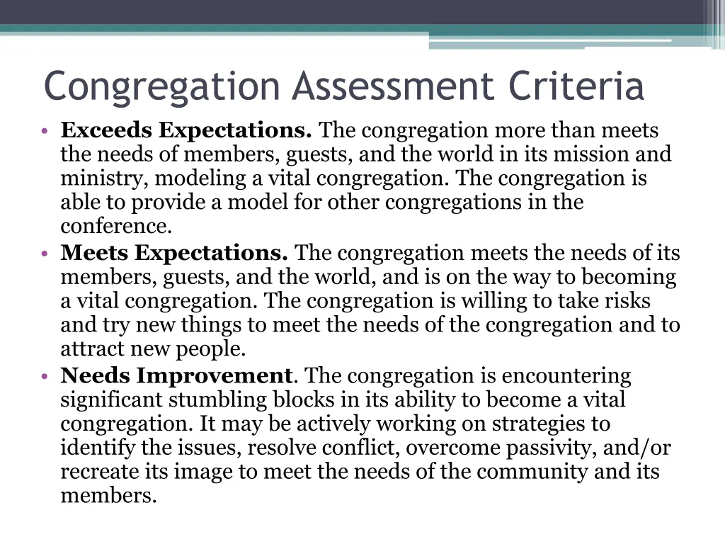 congregation assessment criteria exceeds